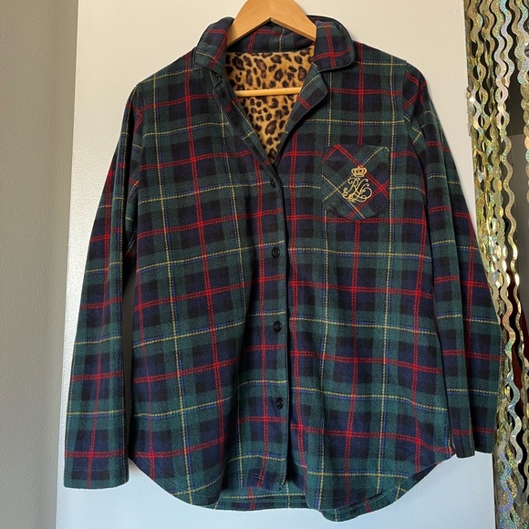 Ralph Lauren Tops - Vintage Ralph Lauren Green plaid fleece long sleeve button down leopard lining